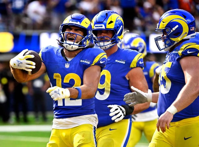 Wide receiver Puka Nacua #12 of the Los Angeles Rams reacts after catching a pass and running for a touchdown against the Indianapolis Colts in the fourth quarter of a NFL football game at SoFi Stadium in Inglewood on Sunday, Sept. 28, 2025. (Photo by Keith Birmingham, Pasadena Star-News/ SCNG)