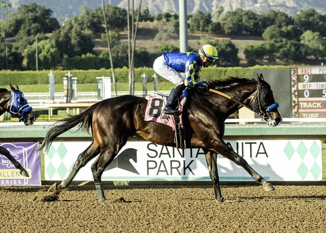 Imagination and jockey Juan Hernandez, right, outleg Dr. Venkman (Umbeto Rispoli), left, to win the Grade II, $200,000 Santa Anita Sprint Championship, Sunday, September 28, 2025 at Santa Anita Park, Arcadia CA.
(Benoit Photo)