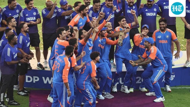 Champions India celebrate on the podium without the trophy after winning the Asia Cup in Dubai on Sunday. (AFP)