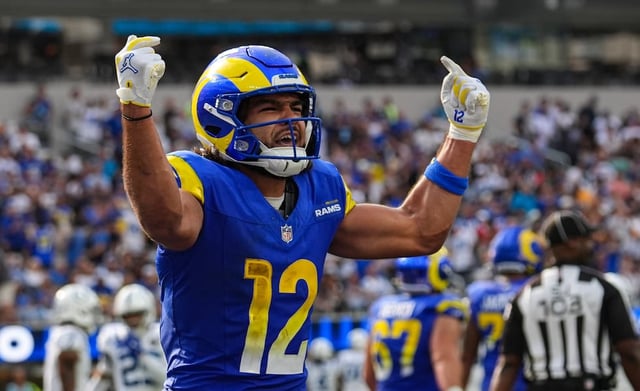 Los Angeles Rams wide receiver Puka Nacua (12) celebrates after a touchdown catch against the Indianapolis Colts during the second hall of an NFL football game Sunday, Sept. 28, 2025, in Inglewood, Calif.