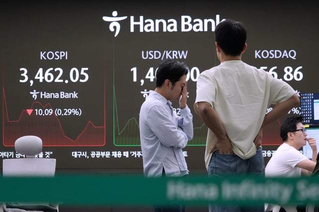 Currency traders work near a screen showing the Korea Composite Stock Price Index (KOSPI), left, at the foreign exchange dealing room of the Hana Bank headquarters in Seoul, South Korea, Thursday, Sept. 25, 2025. (AP Photo/Ahn Young-joon)