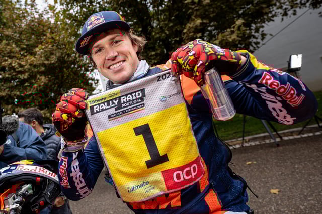 Daniel 'Chucky' Sanders celebrates winning Rally Raid Portugal. Image: Edo Bauer