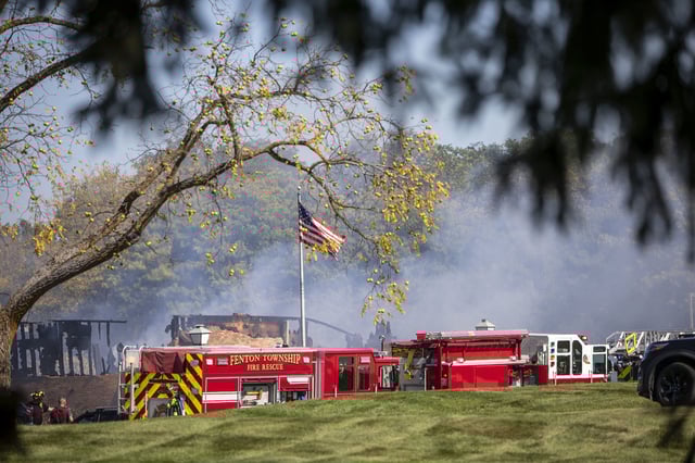 Emergency services respond to a shooting and fire at the Church of Jesus Christ of Latter-day Saints in Grand Blanc, Michigan, on September 28, 2025.