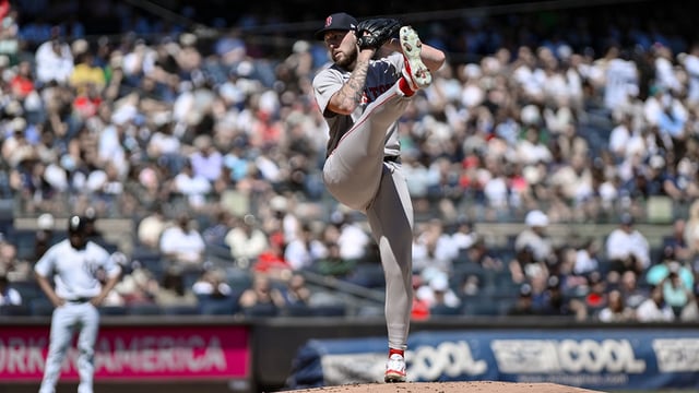 Aug 23, 2025; Bronx, New York, USA; Boston Red Sox pitcher Garrett Crochet (35) pitches against the New York Yankees during the first inning at Yankee Stadium. Mandatory Credit: John Jones-Imagn Images