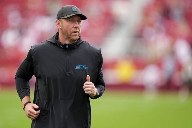 Sep 28, 2025; Santa Clara, California, USA; Jacksonville Jaguars head coach Liam Coen looks on during warmups before the game against the San Francisco 49ers at Levi's Stadium. Mandatory Credit: Kyle Terada-Imagn Images