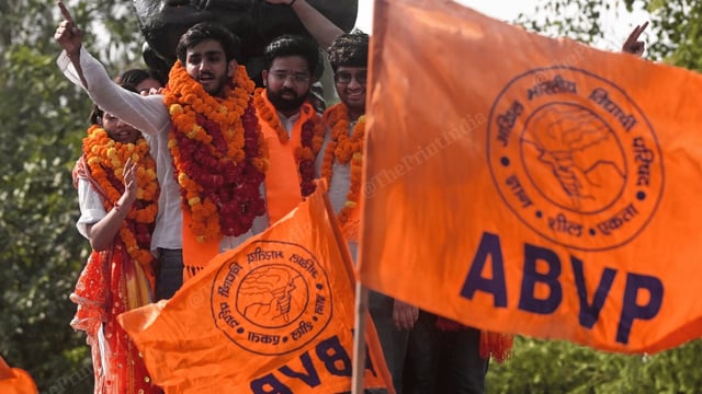 Akhil Bharatiya Vidyarthi Parishad (ABVP) candidates celebrating after bagging the posts of president and joint secretary in the Delhi University Students’ Union (DUSU) polls | Suraj Singh Bisht | ThePrint