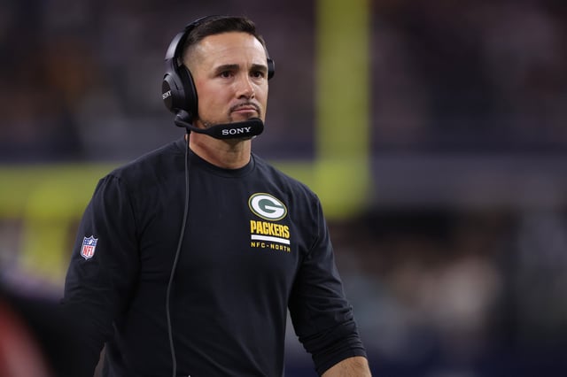 Head coach Matt LaFleur of the Green Bay Packers looks on against the Dallas Cowboys during the third quarter in the game at AT&T Stadium on September 28, 2025 in Arlington, Texas.