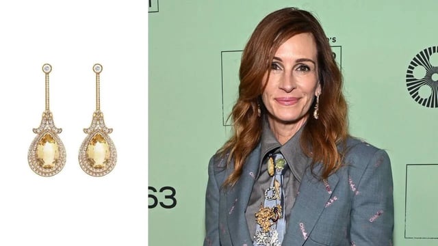 Julia Roberts attends the premiere of 'After the Hunt' during the 63rd New York Film Festival (Photo: Evan Agostini/Invision/AP). She wore earrings by Sabyasachi High Jewellery (Photo: Instagram/sabyasachiofficial).