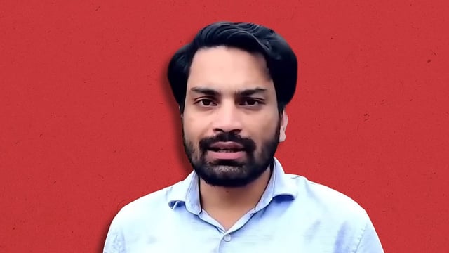 A cutout of Rajeev with a red background.