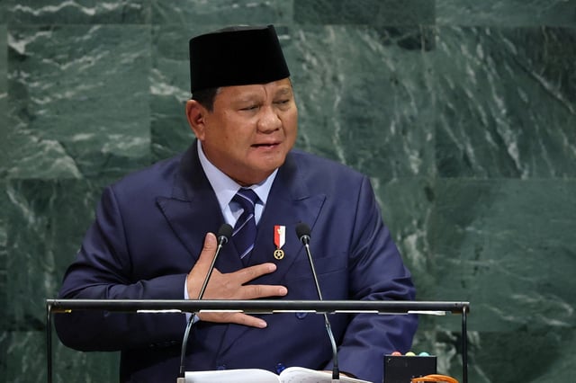 Indonesia's President Prabowo Subianto addresses the 80th United Nations General Assembly at U.N. headquarters in New York, U.S., September 23, 2025.  REUTERS/MIKE SEGAR
