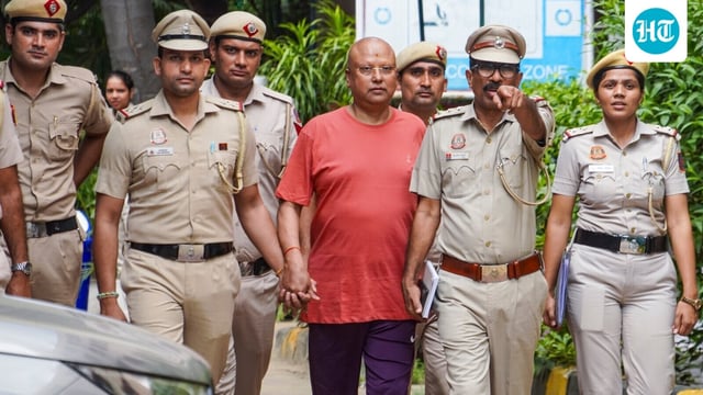 Self-styled godman Chaitanyananda Saraswati, who allegedly sexually harassed multiple students at a private institute, after his arrest from Agra on Sunday, September 28, 2025. 