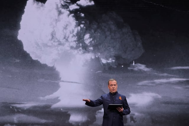 Deputy head of Russia's Security Council Dmitry Medvedev delivers a speech during a session of the educational marathon "Knowledge. First" in Moscow, Russia, April 29, 2025. Sputnik/Yekaterina Shtukina/Pool via REUTERS