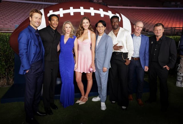 Cast members Glen Powell, Xavier Mills, Wynn Everett, Perry Mattfeld, Frankie A. Rodriguez, Quentin Plair, Toby Huss and Steve Zahn attend a premiere for the series 'Chad Powers' at Rose Bowl Stadium in Pasadena, California, U.S., September 25, 2025. REUTERS/Mario Anzuoni