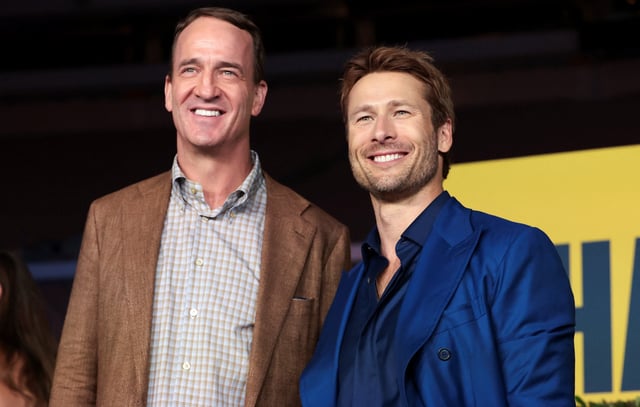 Executive Producer and Former American professional football quarterback Peyton Manning and cast member Glen Powell attends a premiere for the series 'Chad Powers' at Rose Bowl Stadium in Pasadena, California, U.S., September 25, 2025. REUTERS/Mario Anzuoni