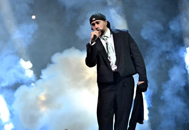 Bad Bunny performs during a stop of the Most Wanted Tour at T-Mobile Arena on February 23, 2024 in Las Vegas, Nevada. (Photo by David Becker/Getty Images)