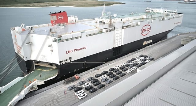 BYD cars awaiting being loaded onto a ship in brazil