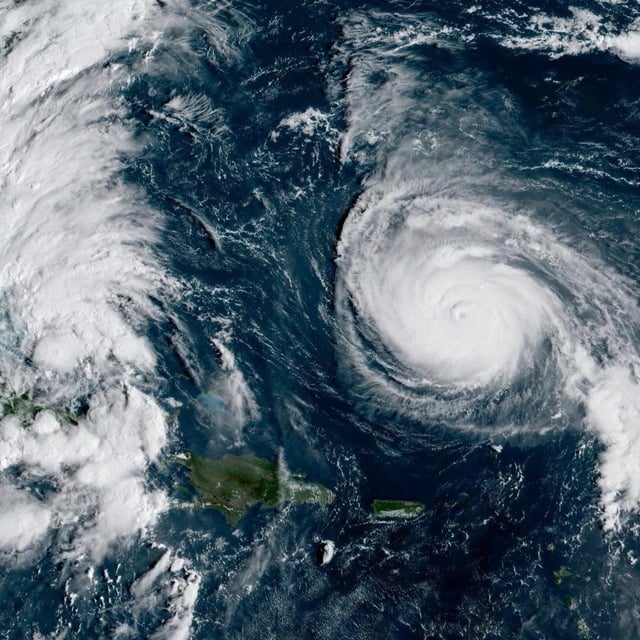 This GOES-19 GeoColor satellite image taken Sunday, Sept. 28, 2025 and provided by NOAA, shows weather systems in the tropical Atlantic Ocean. (NOAA via AP)