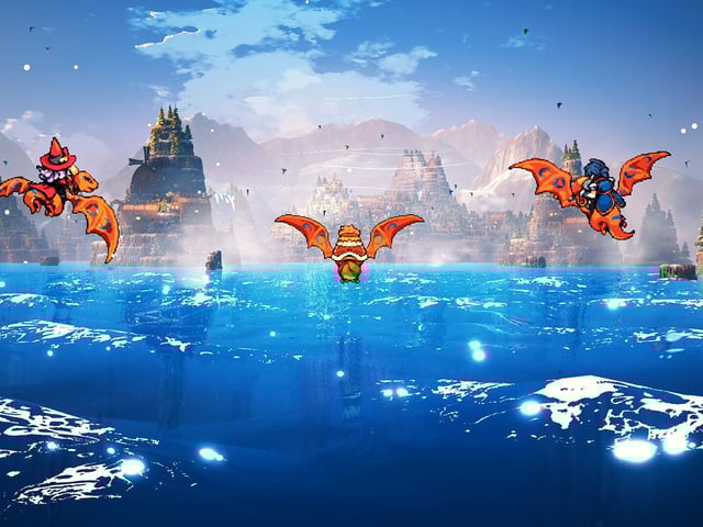 Promotional screenshot of the player's party riding Pterodactyls in Threads of Time