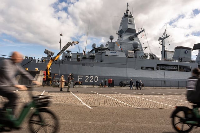 The German Navy air defence frigate FGS Hamburg F220 docks in Copenhagen, Denmark on Sunday. Photo: EPA