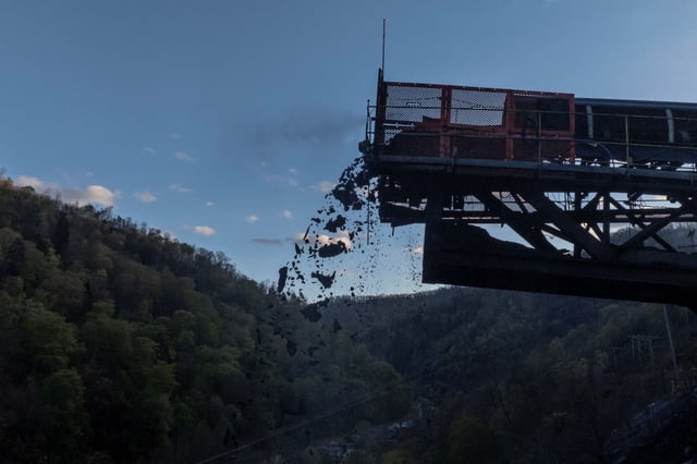 A drone view captures extracted coal as it is transported out of a beltline system during operations at the Black Eagle Mine in Packsville, West Virginia, U.S., April 12, 2025. REUTERS/Adrees Latif