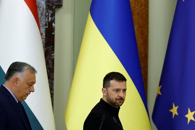 Hungary's Prime Minister Viktor Orban and Ukrainian President Volodymyr Zelenskiy leave a joint news briefing, amid Russia's attack on Ukraine, in Kyiv, Ukraine July 2, 2024. REUTERS/Valentyn Ogirenko/File Photo