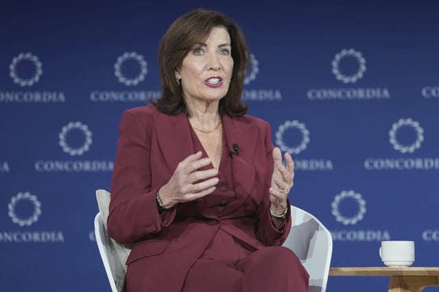 New York Gov. Kathy Hochul speaks at the Concordia Annual Summit at Sheraton New York Times Square in Manhattan on Sept. 23, 2025.
