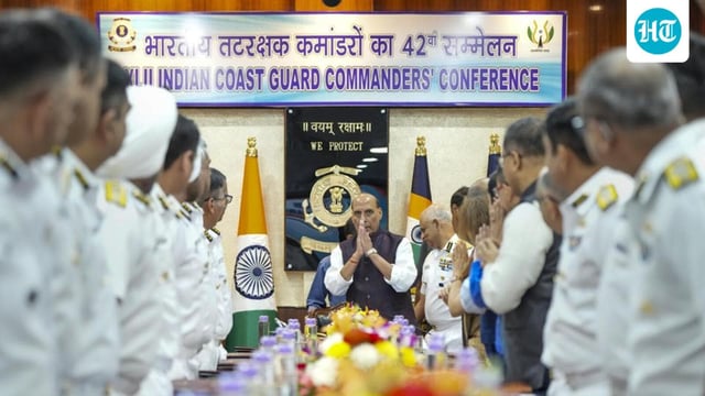 Defence minister Rajnath Singh at the Indian Coast Guard Commanders’ Conference at Coast Guard headquarters in New Delhi on Sept. 29 (PTI)