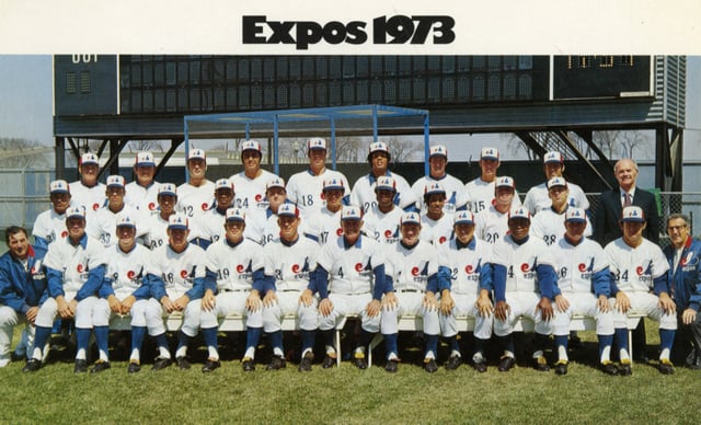 Official team portrait of members of the Montreal Expos baseball team as they pose on the field in Montreal in 1973.
