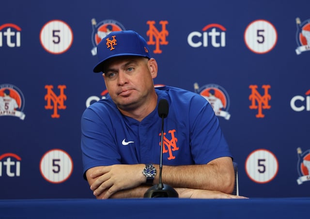 NEW YORK, NEW YORK - JULY 19: Manager Carlos Mendoza of the New York Mets speaks to media before the game between the Cincinnati Reds and New York Mets at Citi Field on July 19, 2025 in the Queens Borough of New York City. (Photo by Ishika Samant/Getty Images)