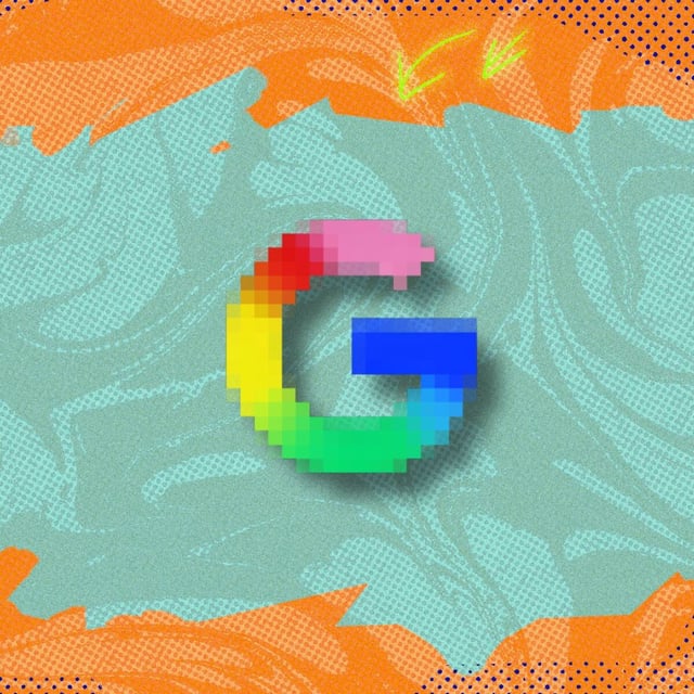 pixelated google 'g' icon on colored background