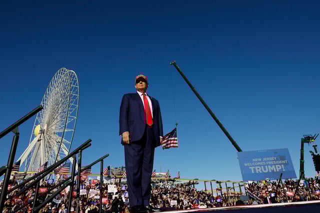 Republican presidential candidate former U.S. President Donald Trump arrives for his campaign rally in Wildwood Beach on May 11, 2024 in Wildwood, New Jersey.