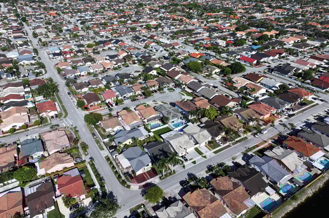 An aerial view of single family homes on August 1, 2025, in Miami, Florida.