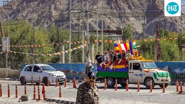 Mortal remains of 46-year-old ex-serviceman Tsewang Tharchin, a Kargil War veteran who was killed in violence during recent protests for Ladakh statehood, being taken for his last rites amid curfew in Leh on Monday, September 29, 2025.