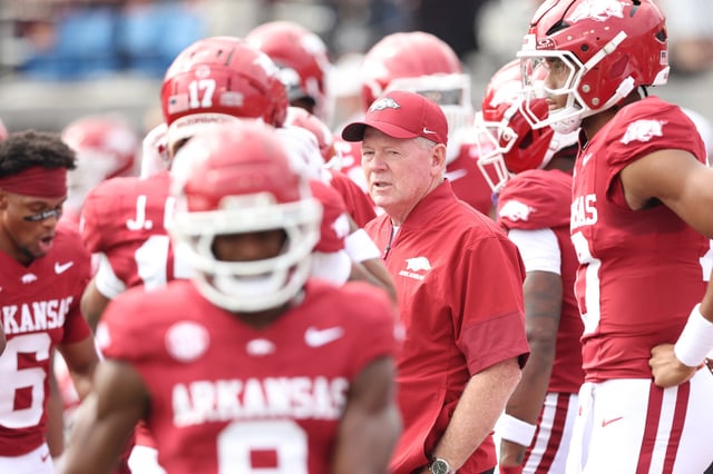 Sep 6, 2025; Little Rock, Arkansas, USA; Arkansas Razorbacks offensive coordinator Bobby Petrino prior tot he game against the Arkansas State Red Wolves at War Memorial Stadium. Mandatory Credit: Nelson Chenault-Imagn Images