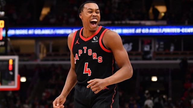 Feb 28, 2025; Chicago, Illinois, USA; Toronto Raptors forward Scottie Barnes (4) reacts after hitting a three point shot during the first half against the Chicago Bulls at the United Center. Mandatory Credit: Patrick Gorski-Imagn Images