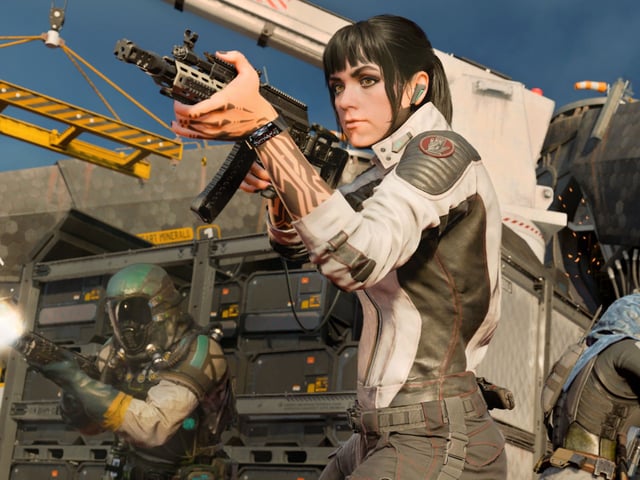 Call of Duty Black Ops 7 beta: A group of soldiers aiing their weapons while under fire outside an industrial area.