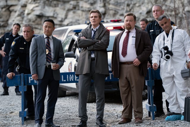 Eddie Yu as Detective Park, Liam Neeson as Frank Drebin Jr. and Paul Walter Hauser as Ed Hocken Jr. in "The Naked Gun."