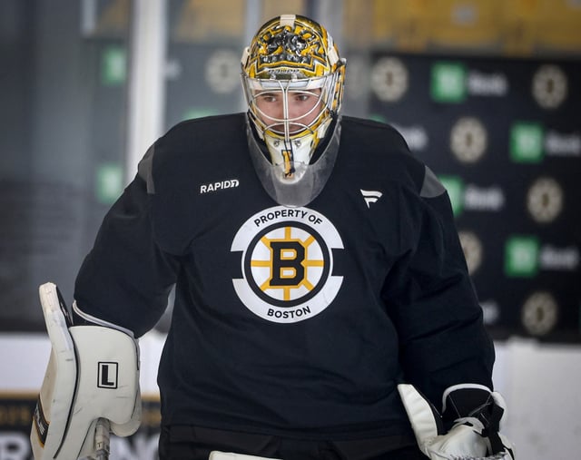 Boston Bruins goalie Jeremy Swayman during the first day of training camp, Thursday, at Warrior Ice Arena in Boston. (Mark Stockwell/Boston Herald)
