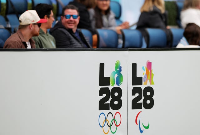 Rugby Union - HSBC Sevens - Rugby Sevens World Championship - Dignity Health Sports Park, Los Angeles, California, United States - May 4, 2025 General view of signage for the Los Angeles 2028 Olympic and Paralympic Games inside the stadium REUTERS/Daniel Cole