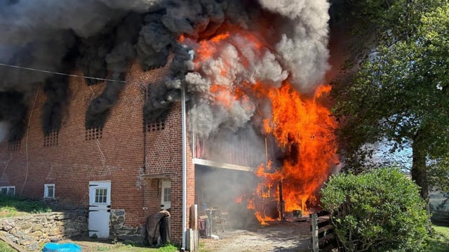 65 firefighters responded to a barn fire in Westminster Sunday that killed four horses and sent one person to the hospital. (New Windsor Fire and Hose Company/Courtesy)