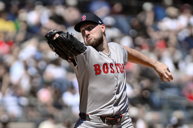 Aug 23, 2025; Bronx, New York, USA; Boston Red Sox pitcher Garrett Crochet (35) pitches against the New York Yankees during the first inning at Yankee Stadium. Mandatory Credit: John Jones-Imagn Images