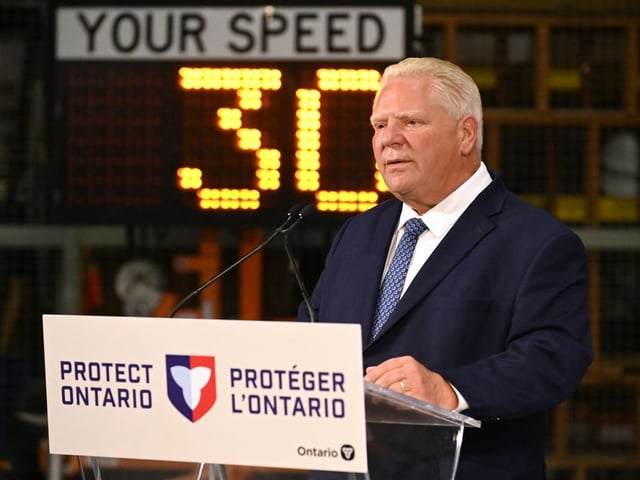 Ontario Premier Doug Ford speaks about speed cameras while in Vaughan, north of Toronto, on Thursday, Sept. 25, 2025. (THE Canadian Press/Jon Blacker)
