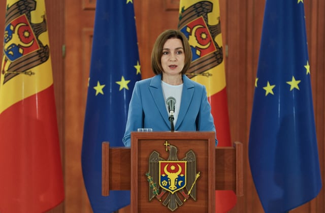 Moldovan President Maia Sandu attends a press conference following the announcement of parliamentary elections results, in Chisinau, Moldova September 29, 2025. REUTERS/Vladislav Culiomza