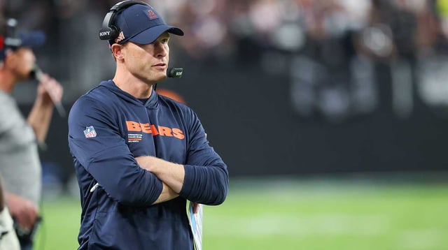 Sep 28, 2025; Paradise, Nevada, USA; Chicago Bears head coach Ben Johnson looks on from the sideline during the second half against the Las Vegas Raiders at Allegiant Stadium. Mandatory Credit: Kiyoshi Mio-Imagn Images