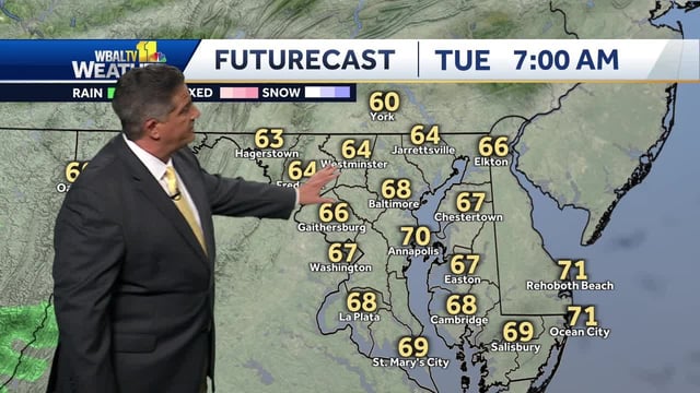 Meteorologist Tony Pann says it will be mostly cloudy but warm for the rest of Monday with a slight chance for showers later. Tuesday will be warmer once again and partly cloudy as temps will reach the upper 70s.