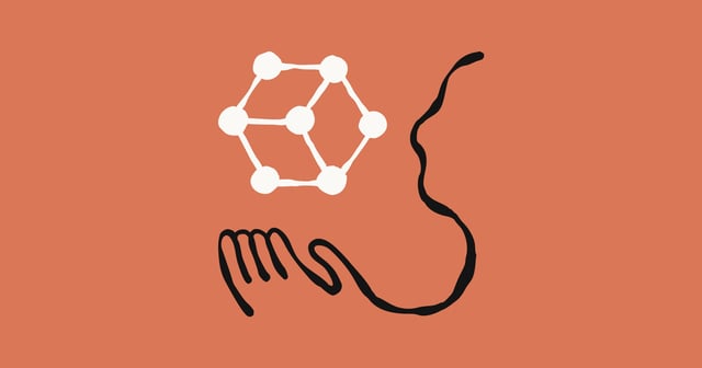 Abstract composition with flowing head silhouette and stylized hand gesture, holding geometric cube structure