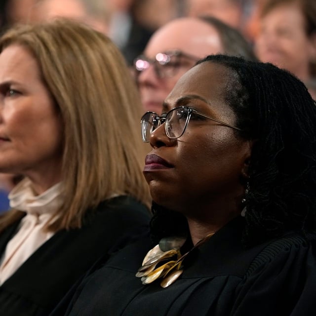 WASHINGTON, DC - FEBRUARY 07: Supreme Court Justices Amy Coney Barrett and Ketanji Brown Jackson listen as President Joe Biden delivers the State of the Union address to a joint session of Congress on February 7, 2023 in the House Chamber of the U.S. Capitol in Washington, DC. The speech marks President Biden's first address to the new Republican-controlled House. (Photo by Jacquelyn Martin-Pool/Getty Images)