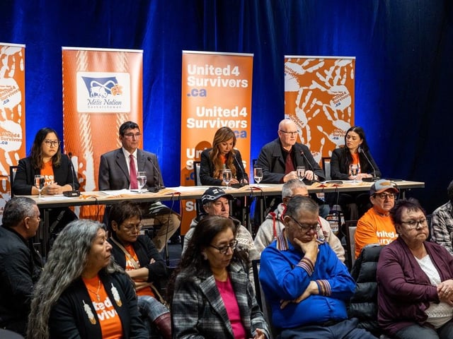 SASKATOON, SK-- JANUARY 24/2023 - 0125 News Ile-a-la-Crosse - Residential school survivor Louis Gardiner, second from back right, speaks at a press conference held by the Ile-a-la-Crosse Survivors Committee, with support from the Metis Nation--Saskatchewan, to provide an update to media, survivors, and their families on their legal pursuit of recognition and justice for the survivors of the Ile-a-la-Crosse residential school. Photo taken in Saskatoon, SK on Tuesday, January 24, 2023.