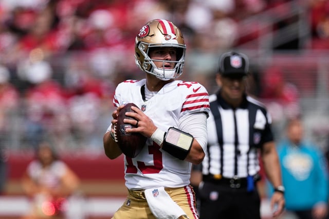 San Francisco 49ers quarterback Brock Purdy drops back to pass against the Jacksonville Jaguars during the first half of an NFL football game in Santa Clara, Calif., Sunday, Sept. 28, 2025.