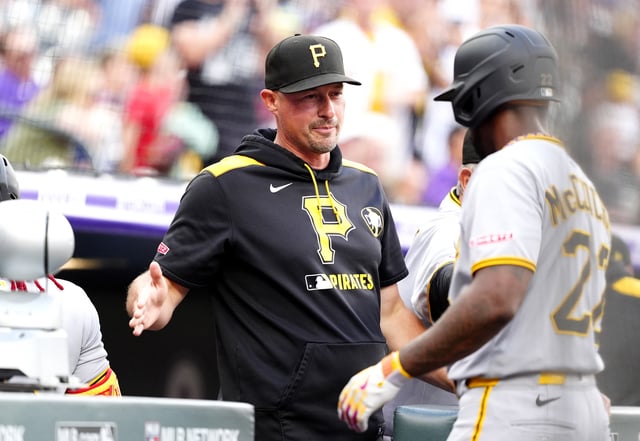 Aug 1, 2025; Denver, Colorado, USA; Pittsburgh Pirates manager Don Kelly (12) during the first inning against the Colorado Rockies at Coors Field. Mandatory Credit: Ron Chenoy-Imagn Images/ File Photo